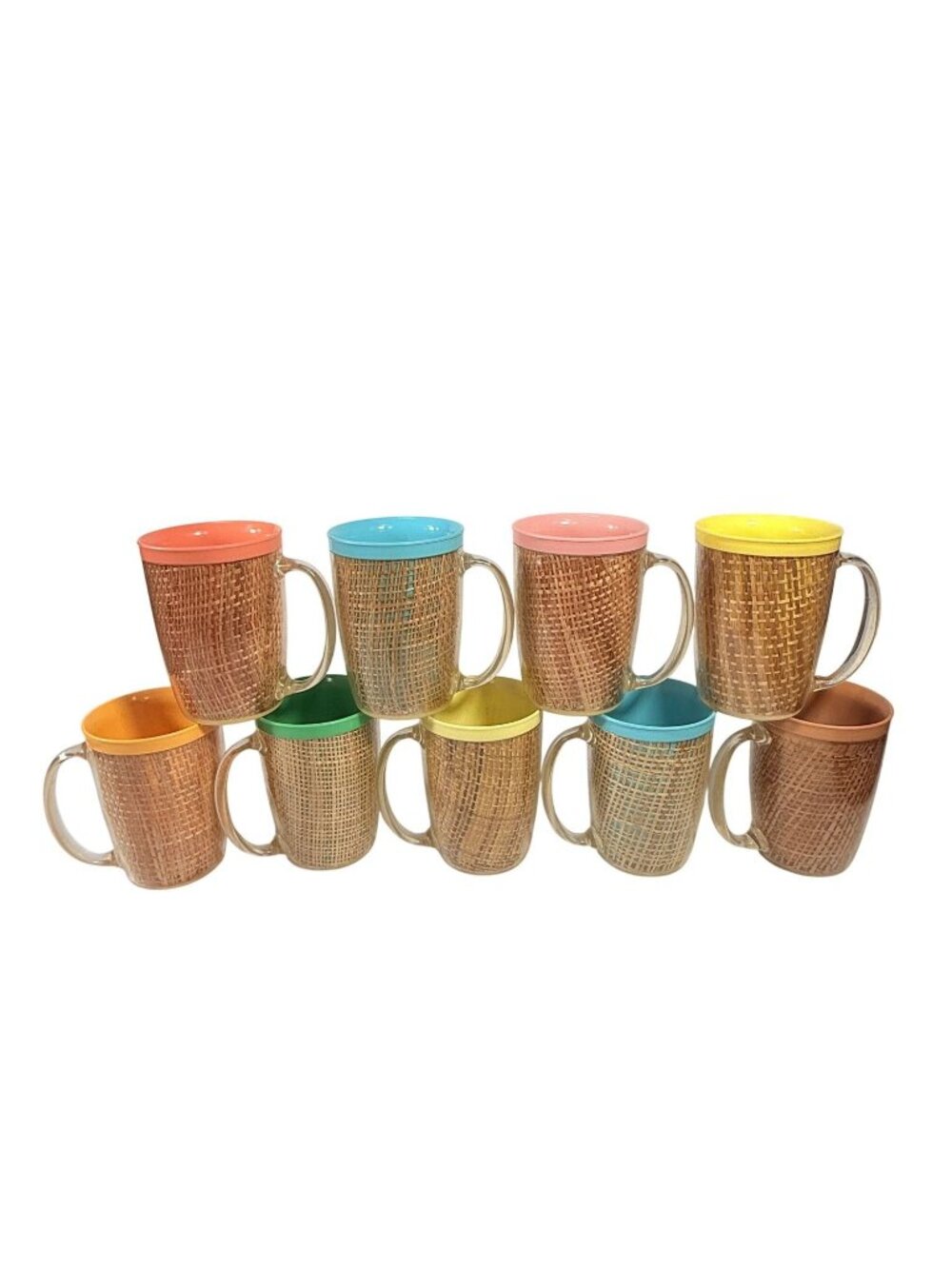 Coffee Mugs Raffiaware Thermal Insulated Melmac Burlap 4.5” Pastels MCM Set of 9 - Picture 2 of 16